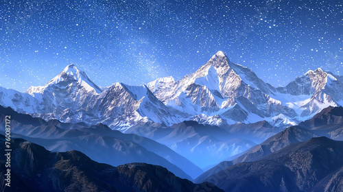 The stunning vista of snow-capped mountains under a clear starry night sky, the peaks detailed against a softly blurred foreground, 