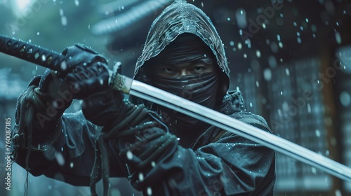 Close-up of ninja in black cloth with katana sword. AI generated.