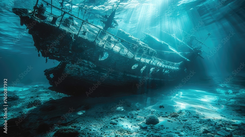 Sunken ship on the bottom of sea. AI generated. - obrazy, fototapety, plakaty 