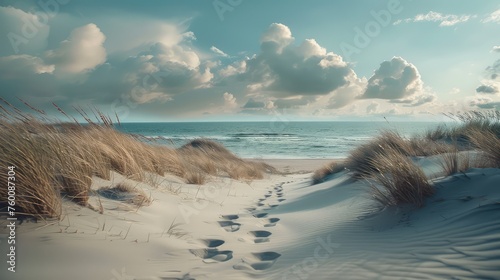 Footprints on the sand near the sea. AI generated.
