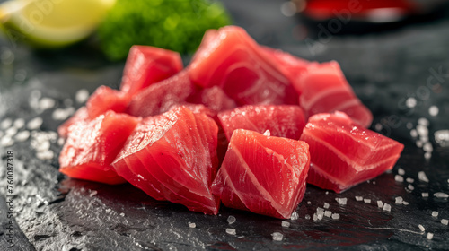 Slices of red tuna meat with salt spices lemon on black background