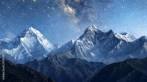 The stunning vista of snow-capped mountains under a clear starry night sky, the peaks detailed against a softly blurred foreground, 