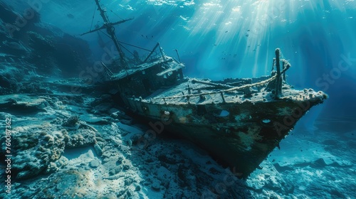 Ship wreck on the bottom of the ocean. AI generated.