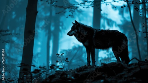 Lonely wolf in the night forest. AI generated.