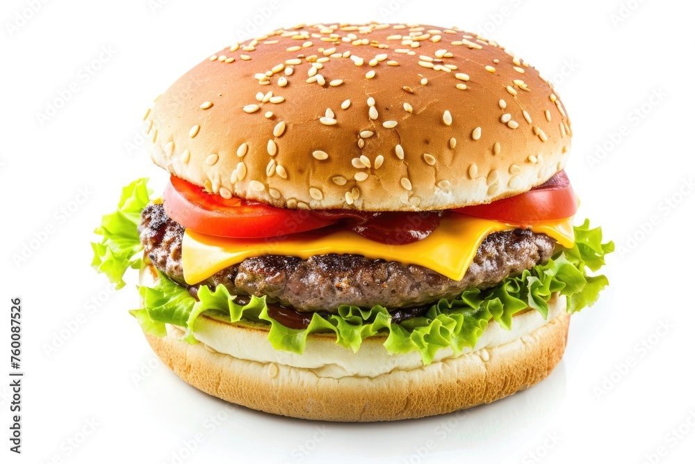 Burger On White - Delicious Juicy Hamburger with Beef, Cheese, Tomatoes, and Lettuce on Isolated White Background Burger On White - Delicious Juicy Hamburger with Beef, Cheese, Tomatoes, and Lettuce on Isolated White Background