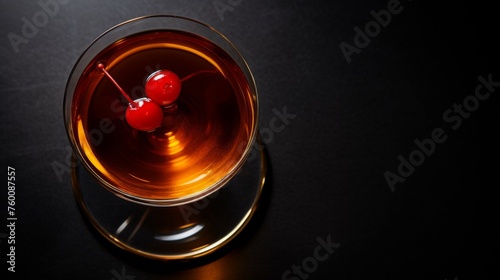 A classic cocktail with gloss cherries, presented on a seamless black background, radiates simplicity and elegance