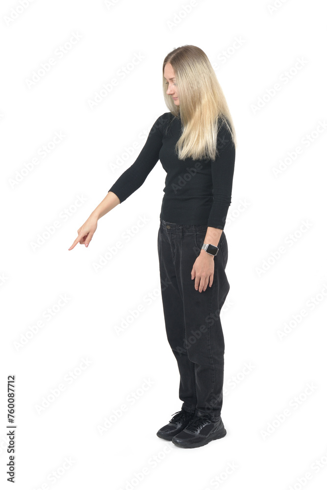 side view of a blonde woman pointing finger down on white background side view of a blonde woman pointing finger down on white background
