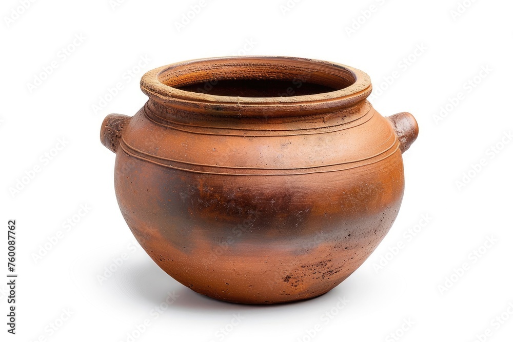 Clay Pot - Antique Brown Ceramic Traditional Pottery Container Isolated on White Background, Empty Space for Copy or Design