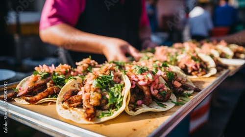 An array of freshly made tacos with tantalizing toppings served by a vendor at a bustling outdoor food market photo