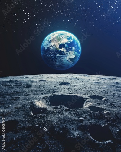 Earth Rise Above a Crater-Pocked Moon: A Stunning Shot Furnished by NASA Showcasing Abstract Space Fantasy