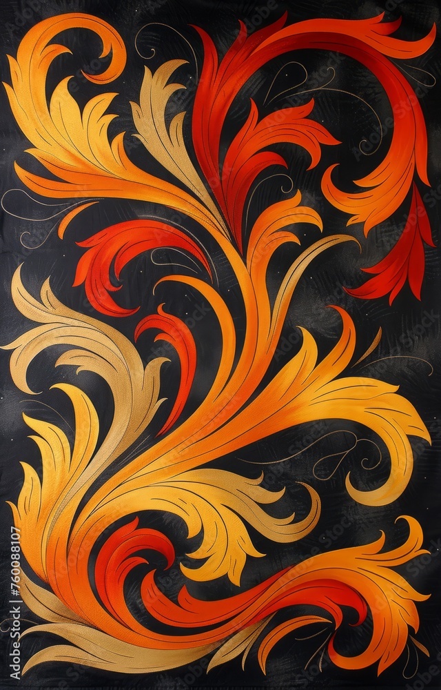 Modern Baroque-Inspired Bold Red and Yellow Abstract Floral Art with Swirling Strokes