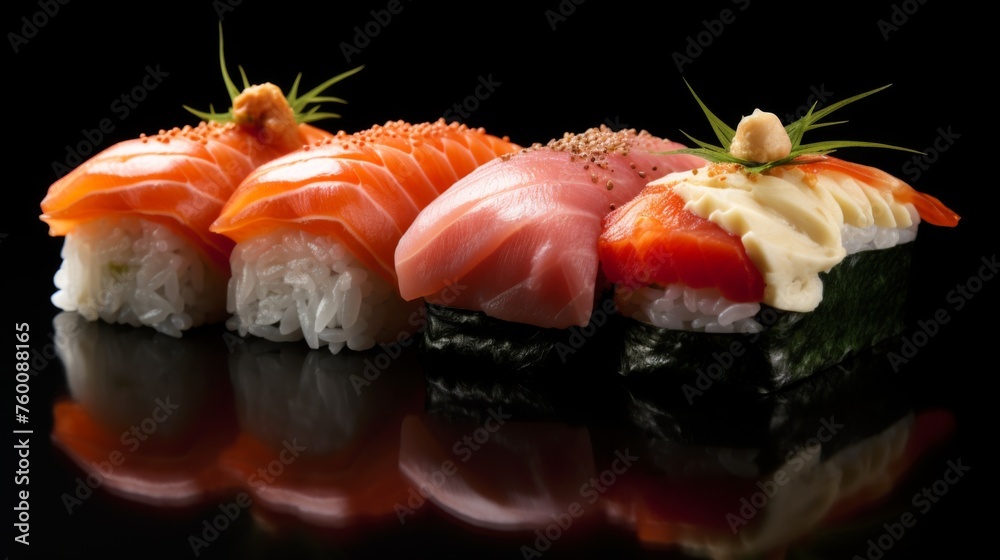 A mix of traditional and modern sushi pieces, elegantly displayed with a touch of creativity and style A mix of traditional and modern sushi pieces, elegantly displayed with a touch of creativity and style