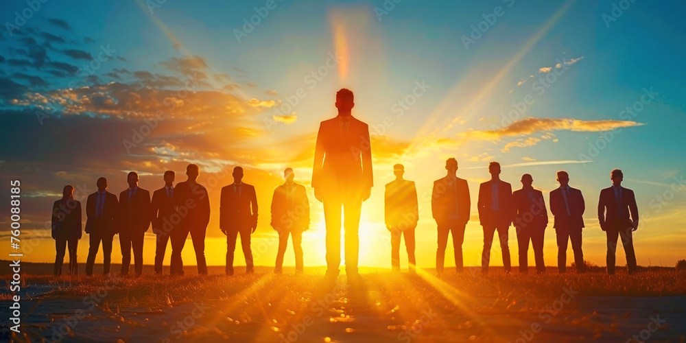 Capture the essence of leadership with this evocative silhouette photo against a breathtaking sunset backdrop. Perfect for inspiring greatness. Generated AI