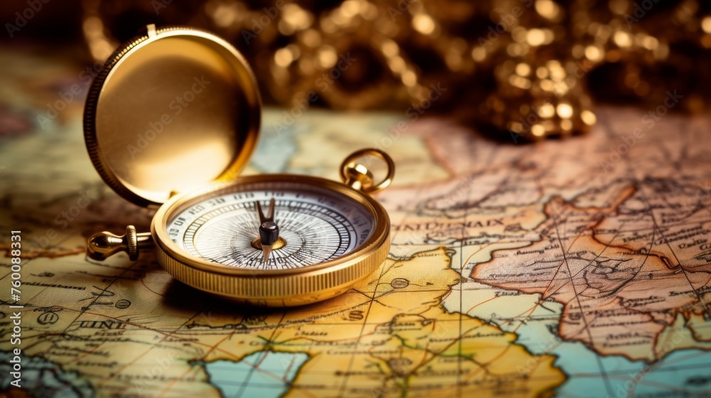 An open compass is presented on an aged map bathed in warm golden light, symbolizing guidance and exploration