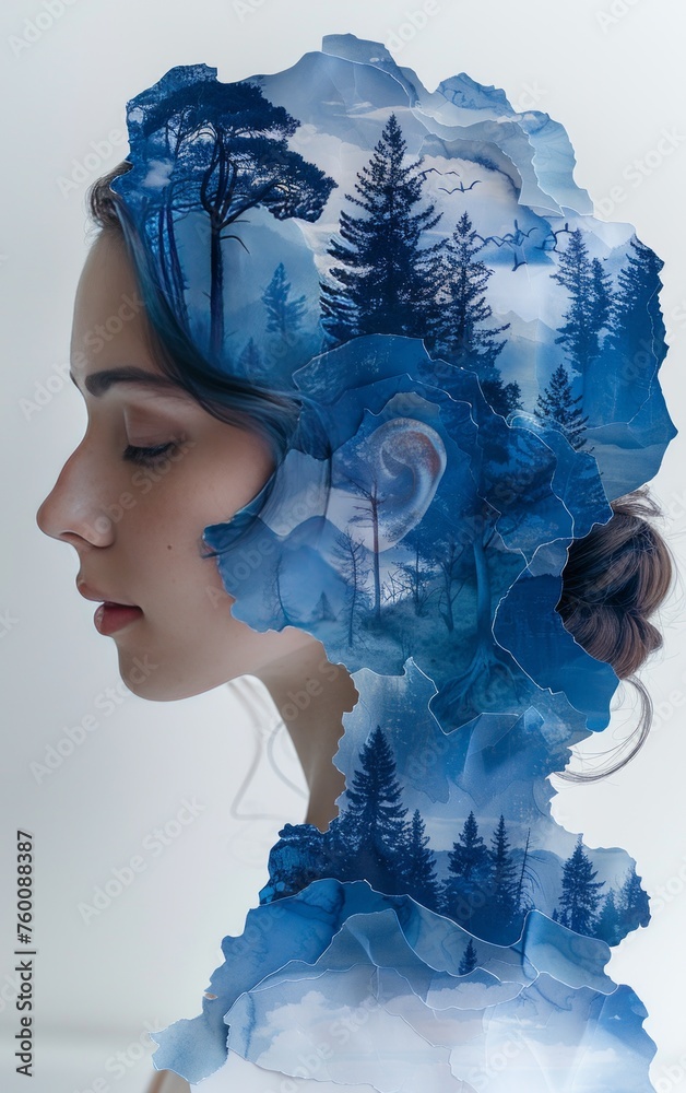 Peaceful Blue Silhouette with Layered Paper Art Reflecting Tranquil Forest Scene