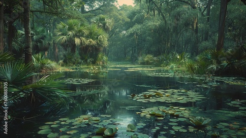 Tranquil Water Lilies Pond Amidst Lush Greenery in a Misty Forest Setting