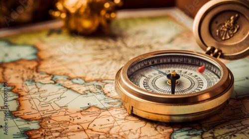 A golden vintage compass lies open on an old map, emphasizing themes of adventure and exploration
