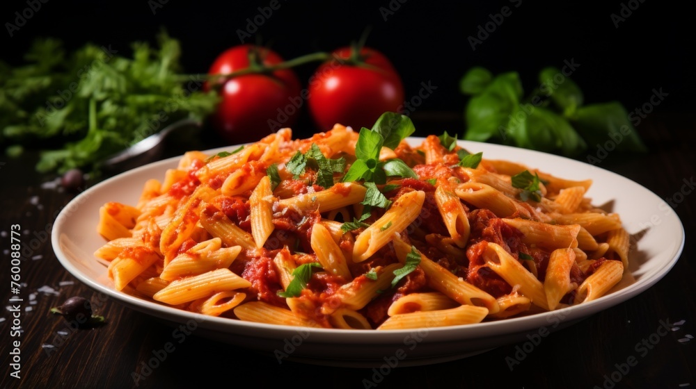 A mouthwatering dish of penne pasta with rich tomato sauce, garnished with fresh herbs on a rustic wooden background A mouthwatering dish of penne pasta with rich tomato sauce, garnished with fresh herbs on a rustic wooden background