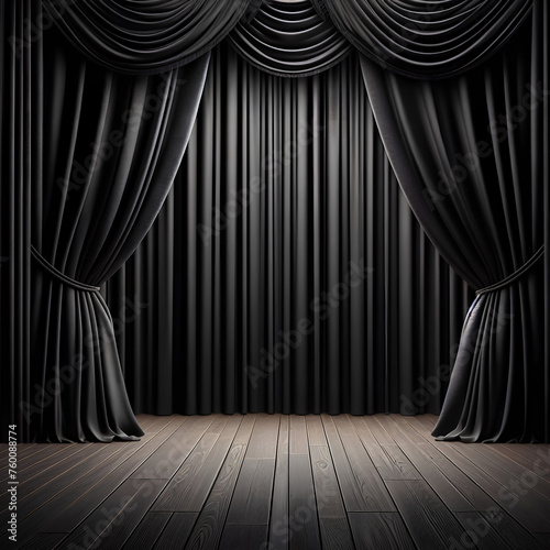 Black theater curtain with wooden floor and black curtains. 3d render