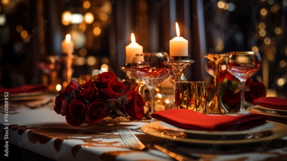 Intimate and elegant dinner table setup featuring candlelight, red roses, and fine dinnerware in a classy restaurant Intimate and elegant dinner table setup featuring candlelight, red roses, and fine dinnerware in a classy restaurant