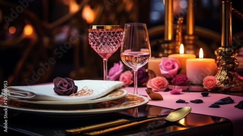 A table set for romance  featuring candles  rose petals  and elegant glassware  creates a perfect scene