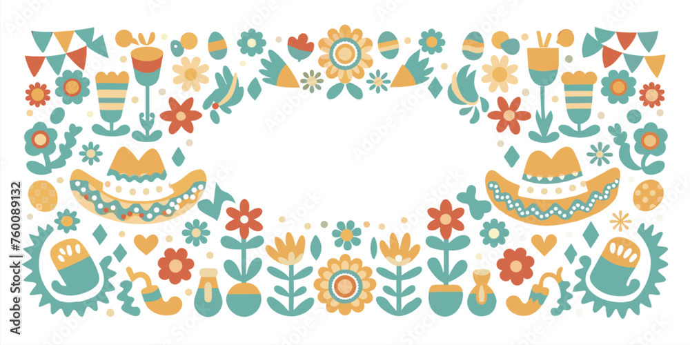Mexican background festive backdrop for festival Cinco de mayo. Mexico poster. Colorful traditional mexican folk art banner with flowers, flags, and musical instruments