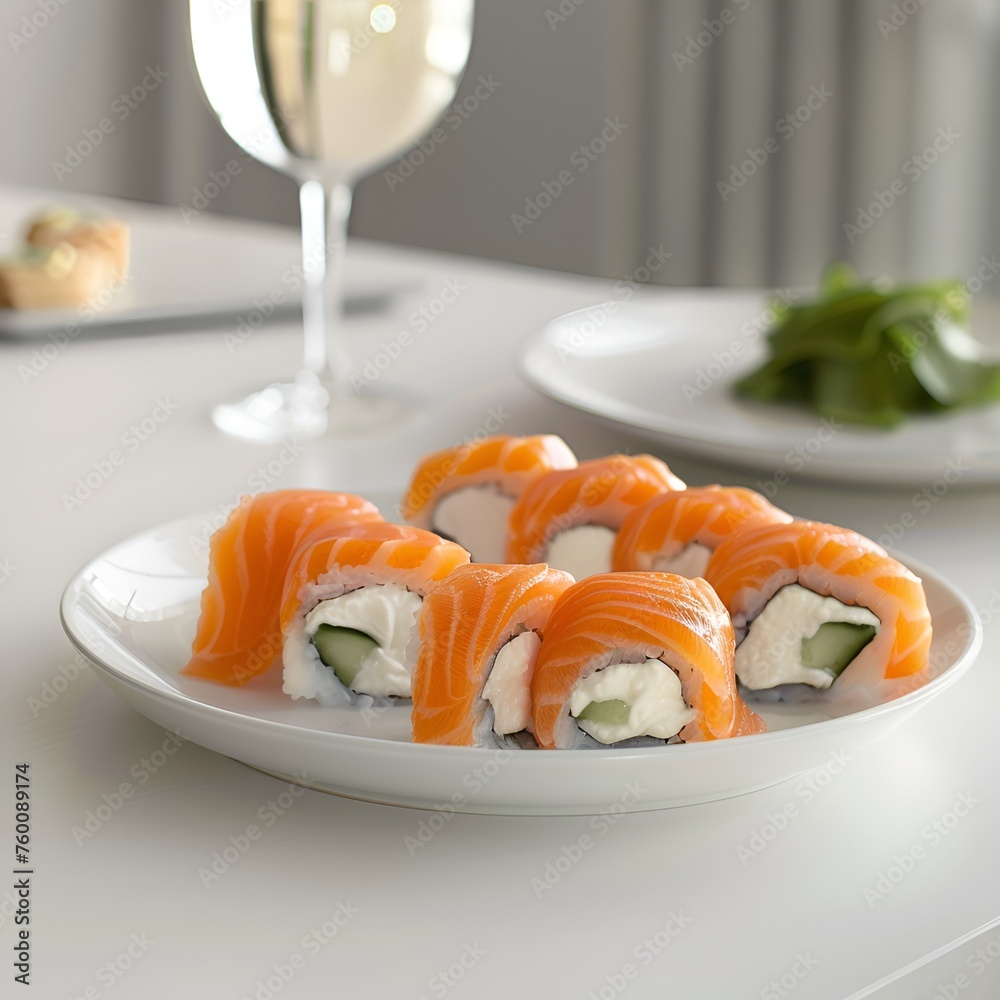 Smoked Salmon Rolls with Cream Cheese on White Plate Smoked Salmon Rolls with Cream Cheese on White Plate