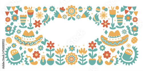Mexican background festive backdrop for festival Cinco de mayo. Mexico poster. Colorful traditional mexican folk art banner with flowers, flags, and musical instruments