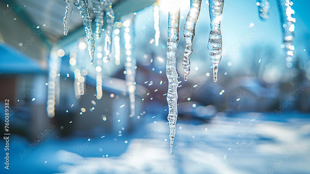A close-up of icicles hanging from the eaves of a snow-laden roof, each icicle detailed and clear against a softly blurred background A close-up of icicles hanging from the eaves of a snow-laden roof, each icicle detailed and clear against a softly blurred background