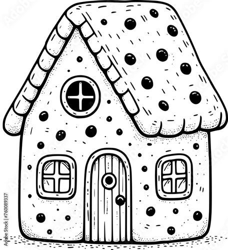 A house made of cookies with a white roof and a red door. The house is decorated with chocolate chips and has a window with a white frame