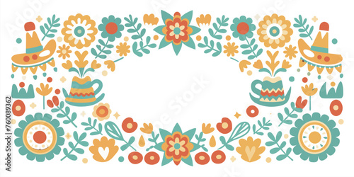 Mexican background festive backdrop for festival Cinco de mayo. Mexico poster. Colorful traditional mexican folk art banner with flowers, flags, and musical instruments