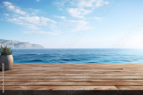 Serene Summer Escape: A Blissful Seascape Embraced by Azure Skies and the Sound of Ocean Waves on a Wooden Dock