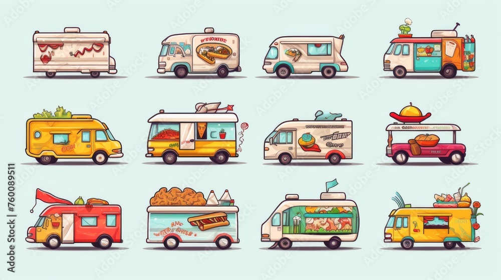 Naklejka premium Each truck in the illustration has unique branding and is designed with intricate details showcasing different food items