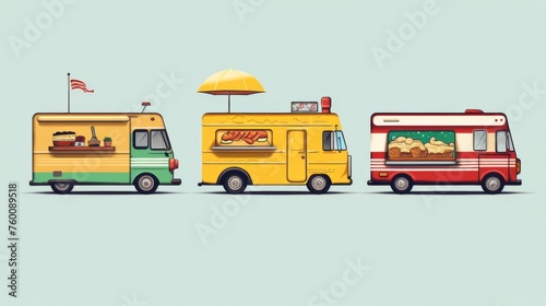 The image displays a collection of vintage themed food trucks each with a distinct design and color scheme, offering a variety of snacks