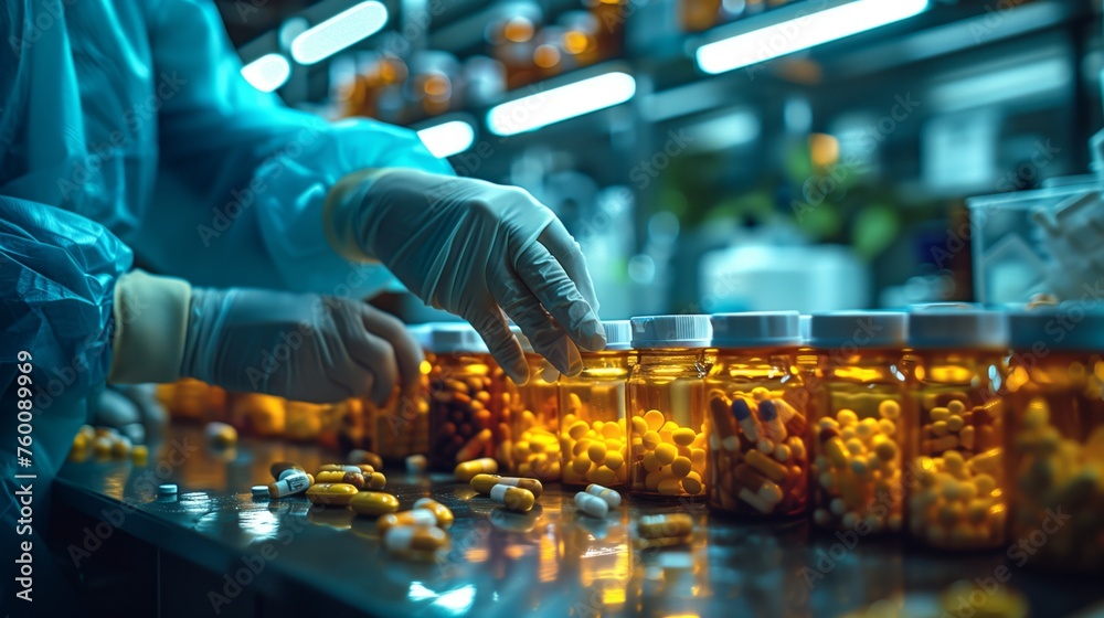 Person in Lab Coat Putting Pills Into Container Person in Lab Coat Putting Pills Into Container