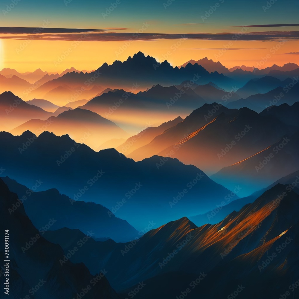 Mountain Dusk: Experience the majesty of dusk as it blankets the mountain peaks in gradients of gold and indigo, invoking a sense of tranquility and awe.