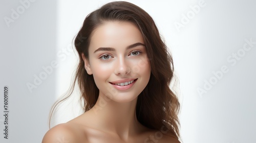 Portrait of beautiful young woman with clean fresh skin  on white background