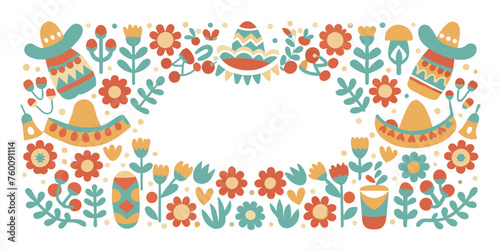 Mexican background festive for festival Cinco de mayo. Mexico poster. Elegant vintage border with colorful flowers and ornamental leaves on a white backdrop