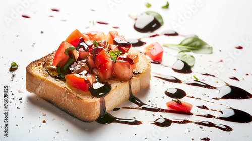 A delicious bruschetta adorned with a balsamic glaze, adding a touch of sweetness and acidity to its crunch. Bruschetta with toasted bread and rich dark balsamic glaze.