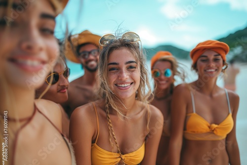 Young group in colorful swimwear smiling and posing for a photo on a sunny beach with blue sky © Jelena