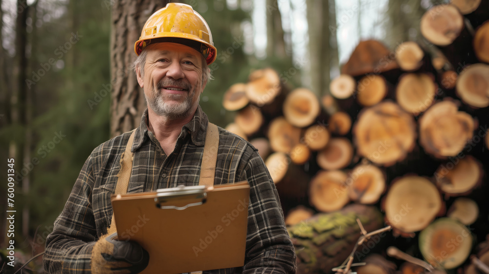 A man in a construction helmet with a tablet in his hands writes down data near cut trees, logger, sawmill, lumberjack.