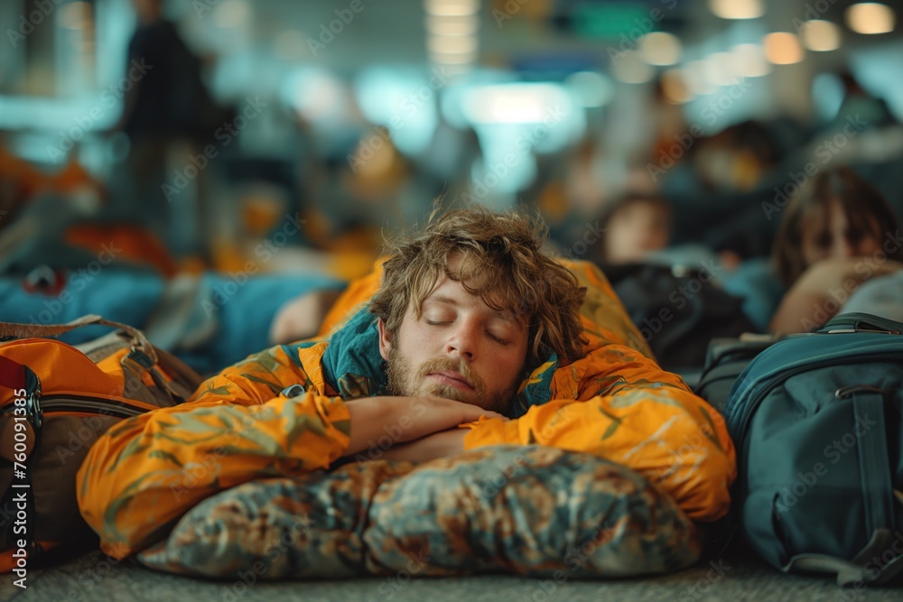 Obraz premium A weary young traveler is fast asleep in an airport lounge, surrounded by his luggage