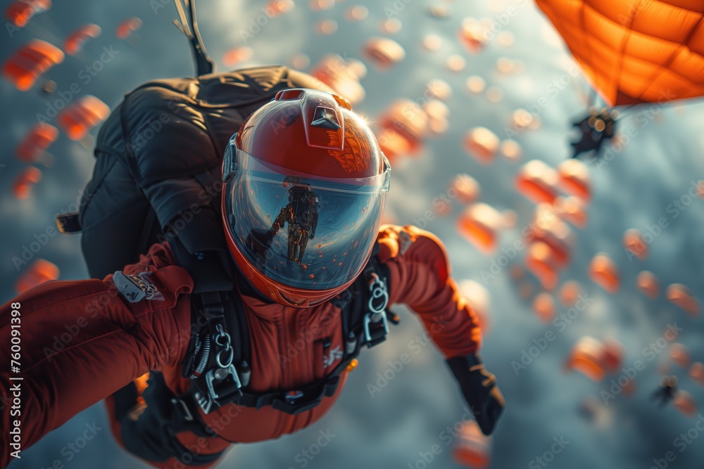 Fototapeta premium An extreme sports enthusiast skydives with a deployed parachute, surrounded by a scattered load, against a stunning backdrop