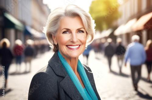 Elegant senior woman smiling confidently in a bustling city stree photo