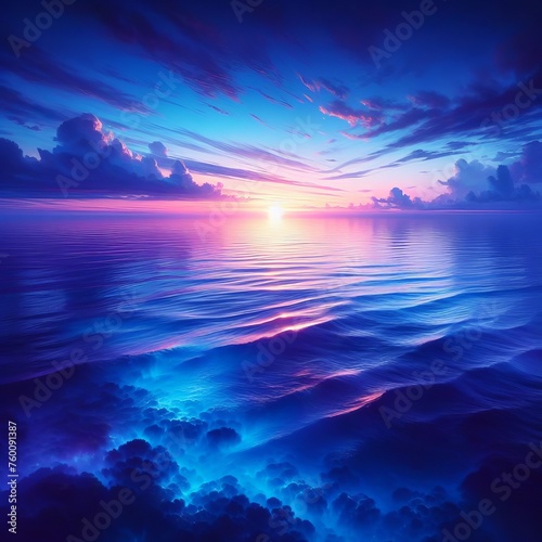 Oceanic Twilight: Dive into a dreamy seascape where the ocean meets the sky, painted with gradients of blue and purple as the day bids farewell to twilight's embrace.