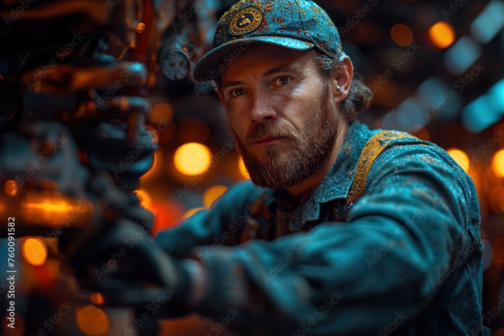 Focused mechanic with beard adjusting parts on a motorcycle in a dimly lit workshop