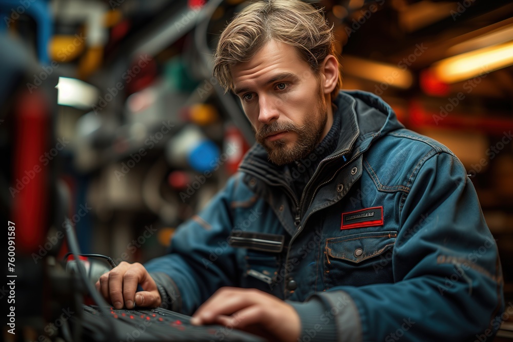 A concentrated male technician is attentively working on complex machinery