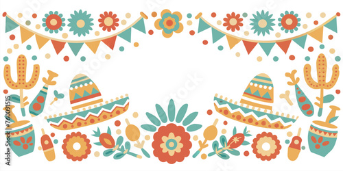 Mexican background festive backdrop for festival Cinco de mayo. Mexico poster. Colorful mexican-themed folk art border featuring traditional elements