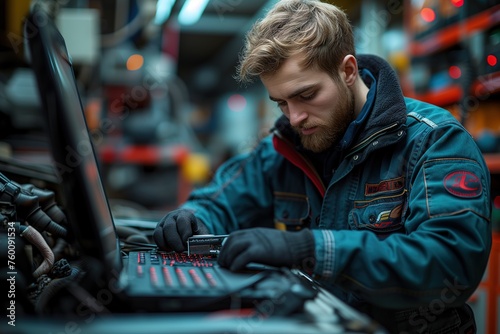 Close-up of a focused mechanic with a diagnostic laptop checking car engine, intricate automobile parts visible © Jelena