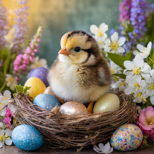 Cute chick in an easter nest with easter eggs and spring flowers © Naji